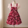 Red crimson camo skirt overalls dress with adjustable straps and midi length skirt, all-over camouflage print