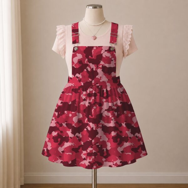 Red crimson camo skirt overalls dress with adjustable straps and midi length skirt, all-over camouflage print