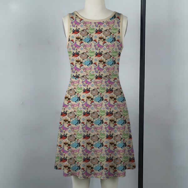 catppoke-vneck-tank-dress-bk women's cat pokemon v-neck tank dress sleeveless beige meowth litten glameow purrloin espurr sprigatito skitty side pockets stretchy sizes s-5xl