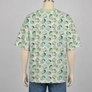 Chikorita Pokemon drop shoulder t-shirt with all-over watercolour print of Chikorita on soft green and white background, unisex oversized fit