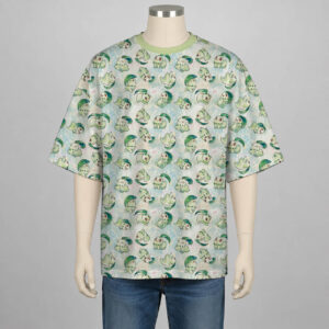 chicorita-dropsleeve-tshirt-fr Chikorita Pokemon drop shoulder t-shirt with all-over watercolour print of Chikorita on soft green and white background, unisex oversized fit