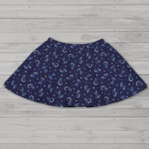 Dragonair Pokemon skater skirt with all-over print of Dragonair on deep navy background with white stars and pastel orbs, side pockets,