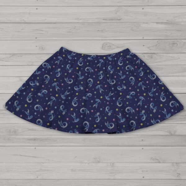 dragonair-skirt Dragonair Pokemon skater skirt with all-over print of Dragonair on deep navy background with white stars and pastel orbs, side pockets,