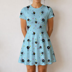 dress-model-sootsprite-blue-fr Soot Sprite Studio Ghibli all-over print flowy sundress in mint blue with pastel stars, short sleeve round neck