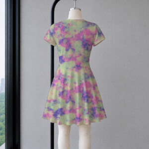 Pastel tie dye dress in pink purple and green short sleeve skater silhouette lightweight flowy