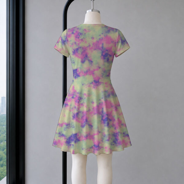 Pastel tie dye dress in pink purple and green short sleeve skater silhouette lightweight flowy