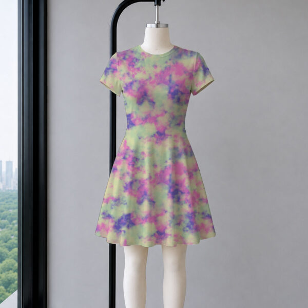 Pastel tie dye dress in pink purple and green short sleeve skater silhouette lightweight flowy
