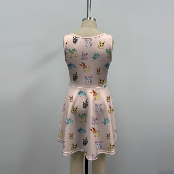 eeveeevo-girlssleevelessdres-bk girls pink sleeveless dress with Eevee evolutions print fit and flare Pokemon