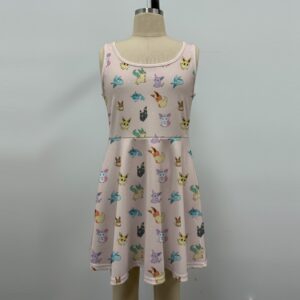 eeveeevo1-girlssleevelessdres-fr girls pink sleeveless dress with Eevee evolutions print fit and flare Pokemon
