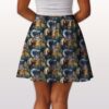 Studio Ghibli skater skirt with all-over print of Totoro Calcifer No Face Haku and Soot Sprites on rich teal background with side pockets worn by model