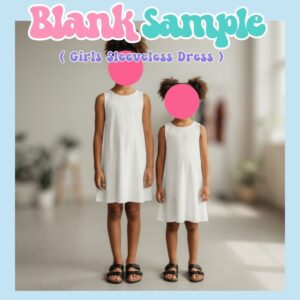 girls-sleevelessdress-blankfit Custom girls sleeveless A-line dress with personalised print front and back, soft stretchy fabric kids sizes 6Y to 15Y