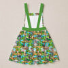 junglebook-overalls-dress-bk Jungle Book skirt overalls dress with all-over print of Mowgli Baloo Bagheera and Kaa in colourful jungle scene, green straps and waistband