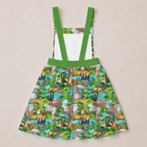 Jungle Book skirt overalls dress with all-over print of Mowgli Baloo Bagheera and Kaa in colourful jungle scene, green straps and waistband
