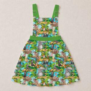 junglebook-overalls-dress-fr Jungle Book skirt overalls dress with all-over print of Mowgli Baloo Bagheera and Kaa in colourful jungle scene, green straps and waistband