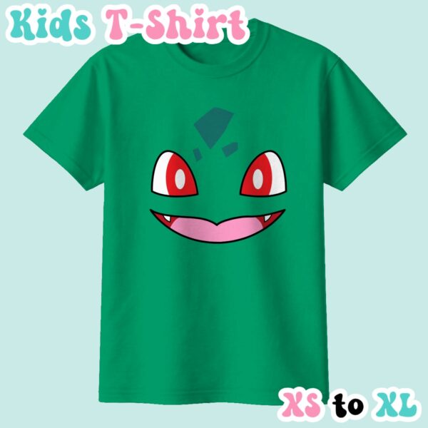 kids-baulbasaur-irishgreen Bulbasaur kids t-shirt in green featuring the Pokemon's cheeky grinning face with bulb sprout design
