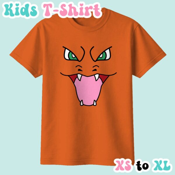 kids-charizard-orange Charizard kids t-shirt in orange featuring the Pokemon's fierce roaring face with green eyes design
