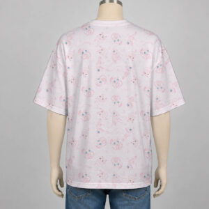 Mew Pokemon drop shoulder t-shirt with all-over watercolour print of Mew on soft pink background with heart details, unisex oversized fit