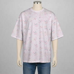 mew-dropsleeve-tshirt-fr Mew Pokemon drop shoulder t-shirt with all-over watercolour print of Mew on soft pink background with heart details, unisex oversized fit