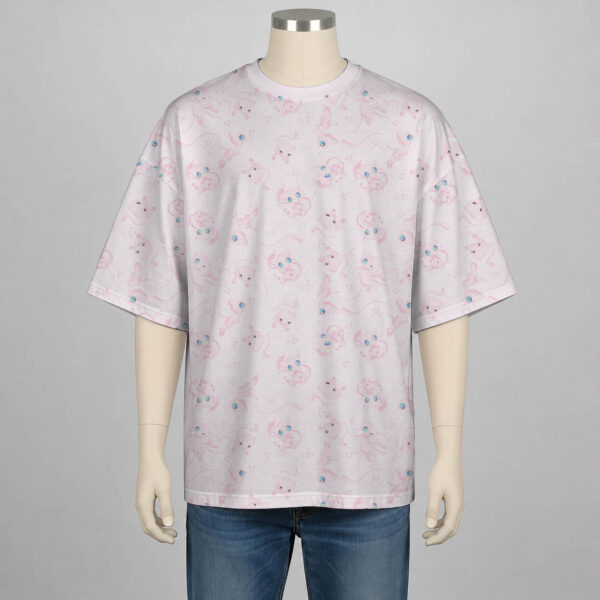 mew-dropsleeve-tshirt-fr Mew Pokemon drop shoulder t-shirt with all-over watercolour print of Mew on soft pink background with heart details, unisex oversized fit
