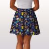 Pokemon skater skirt with all-over print of Pikachu Charmander Bulbasaur and Pokemon characters on navy galaxy background with side pockets, worn by model