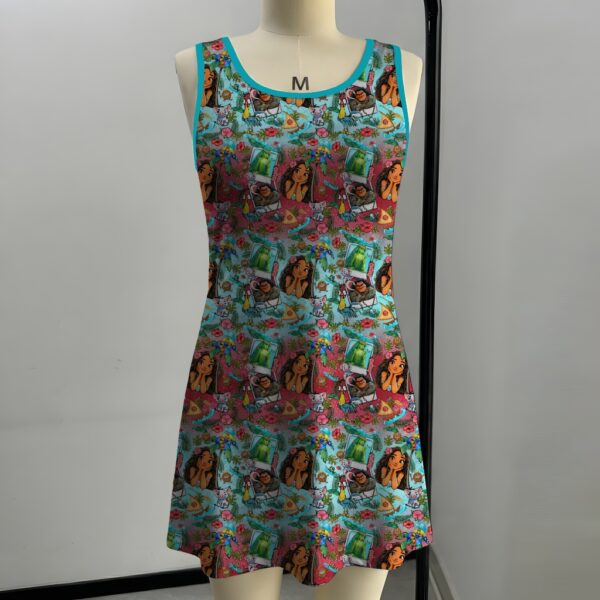 moana-tankdress-fr Moana racerback tank dress with tropical Polynesian artwork above the knee