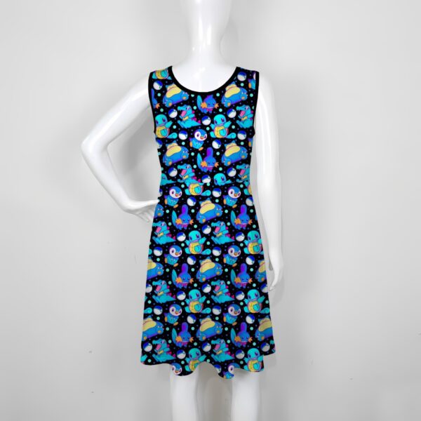 pokeblues-skater-dress-bk women's blue pokemon sleeveless skater dress black squirtle piplup totodile mudkip oshawott snorlax high waist round neck sizes xs-5xl