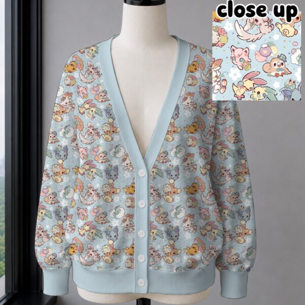pokecute-blue-cardigan-fr cute pokemon knitted cardigan light blue unisex relaxed fit v-neck button front artificial wool blend sizes s-7xl