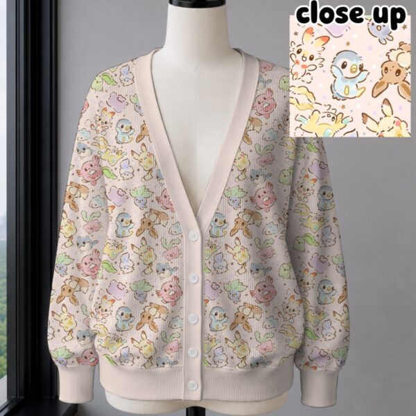 pokecute-pink-cardigan-fr cute pokemon knitted cardigan cream pink unisex relaxed fit v-neck button front artificial wool blend sizes s-7xl