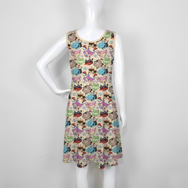 pokekitties-skater-dress-bk women's cat pokemon sleeveless skater dress beige meowth litten glameow purrloin espurr sprigatito skitty high waist round neck sizes xs-5xl