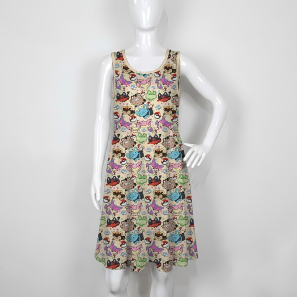 pokekitties-skater-dress-fr women's cat pokemon sleeveless skater dress beige meowth litten glameow purrloin espurr sprigatito skitty high waist round neck sizes xs-5xl