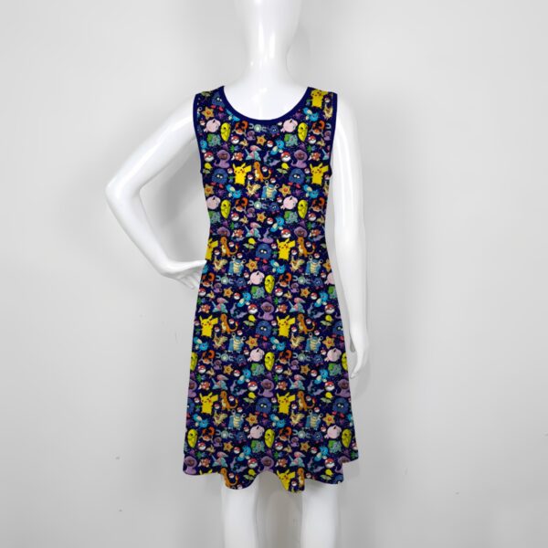 pokemix-skater-dress-bk women's mixed pokemon sleeveless skater dress dark blue all over print high waist round neck sizes xs-5xl