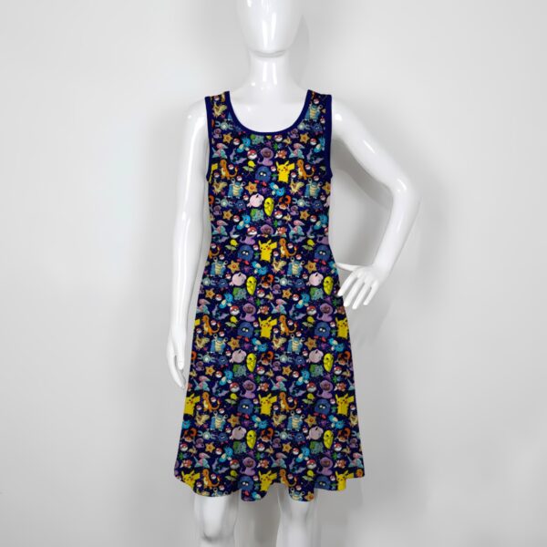 pokemix-skater-dress-fr women's mixed pokemon sleeveless skater dress dark blue all over print high waist round neck sizes xs-5xl