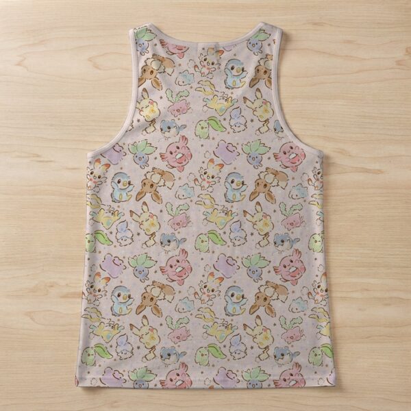 pokemoncutiespink-women-tank-top-bk Kawaii Pokemon racerback tank top with all-over pastel chibi print of Pikachu Eevee Piplup and Turtwig