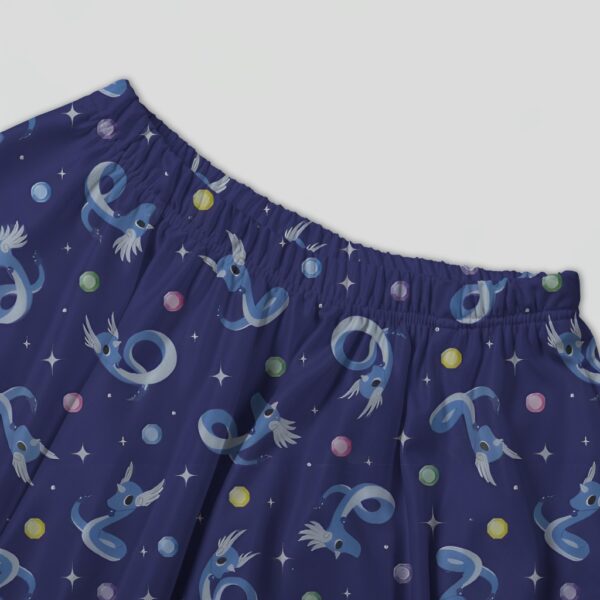 skirt-closeup-dragonair Dragonair Pokemon skater skirt with all-over print of Dragonair on deep navy background with white stars and pastel orbs, side pockets,