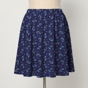 Dragonair Pokemon skater skirt with all-over print of Dragonair on deep navy background with white stars and pastel orbs, side pockets,