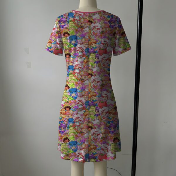 strawberryshortcake-shortsleeve-dress-bk women's strawberry shortcake short sleeve dress colorful all over print pink trim sizes s-5xl