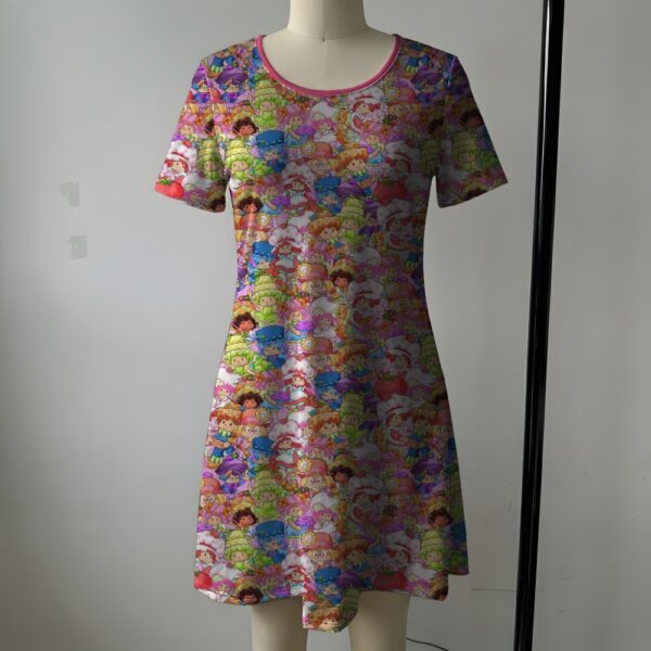 strawberryshortcake-shortsleeve-dress-fr women's strawberry shortcake short sleeve dress colorful all over print pink trim sizes s-5xl
