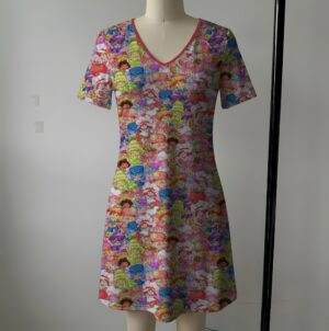 women's strawberry shortcake v-neck dress colorful all over print short sleeves pink trim sizes xs-8xl