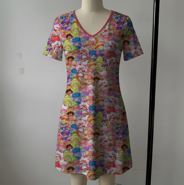 strawberryshortcake-vneckshortsleeve-fr women's strawberry shortcake v-neck dress colorful all over print short sleeves pink trim sizes xs-8xl