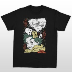t-shirt-bakugo-deku Bakugo Deku My Hero Academia t-shirt in black with manga style graphic of Katsuki Bakugo and Izuku Midoriya with All Might card and Japanese text, unisex classic fit