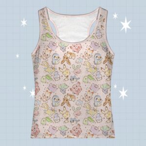 Kawaii Pokemon racerback tank top with all-over pastel chibi print of Pikachu Eevee Piplup and Turtwig
