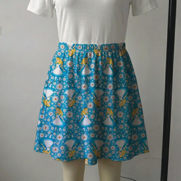 aliceblue-skirt2 Sky blue skater skirt featuring Alice in Wonderland in a daisy field with functional side pockets