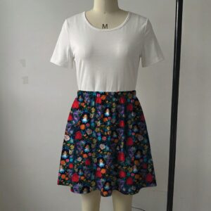 alicefloral-skirt1 Dark navy skater skirt printed with Alice in Wonderland among red roses and deep side pockets