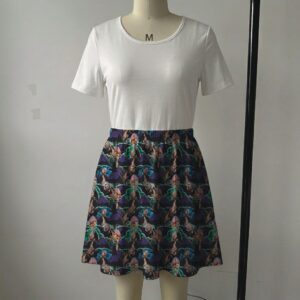 Dark green and purple skater skirt printed with Batty Koda bat pattern and side pockets
