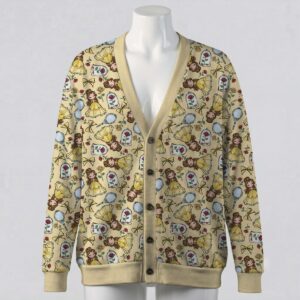 belle-cardigan-fr Beauty and the Beast Belle and enchanted rose print yellow unisex V-neck button cardigan sweater sizes S to 7XL