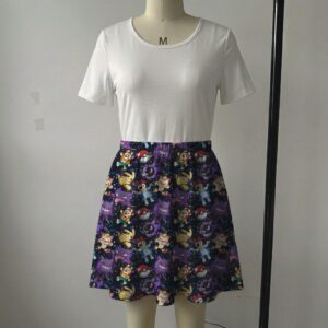 Dark starry galaxy skater skirt featuring Bluey and Pokemon characters with side pockets