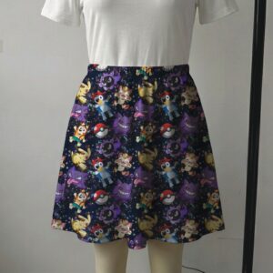 Dark starry galaxy skater skirt featuring Bluey and Pokemon characters with side pockets
