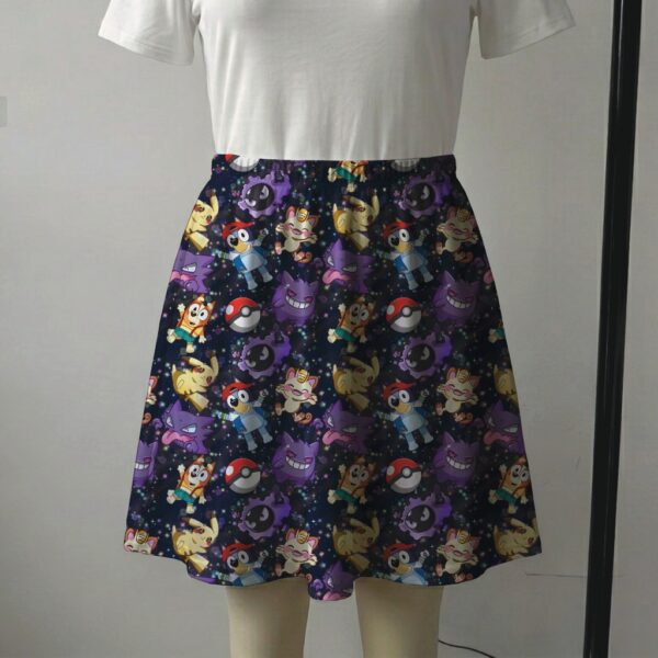 Dark starry galaxy skater skirt featuring Bluey and Pokemon characters with side pockets