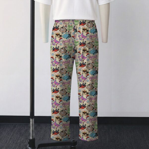 catpoke-loungepants-bk Cat Pokemon pattern lounge pants on beige background with Meowth and Litten
