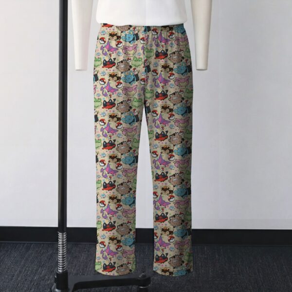 catpoke-loungepants-fr Cat Pokemon pattern lounge pants on beige background with Meowth and Litten